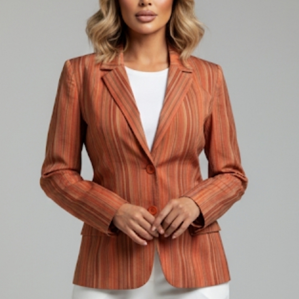 Kate Hill Silk Linen Blazer Size 10 Burnt Orange Stripes 3 Button Office Siren